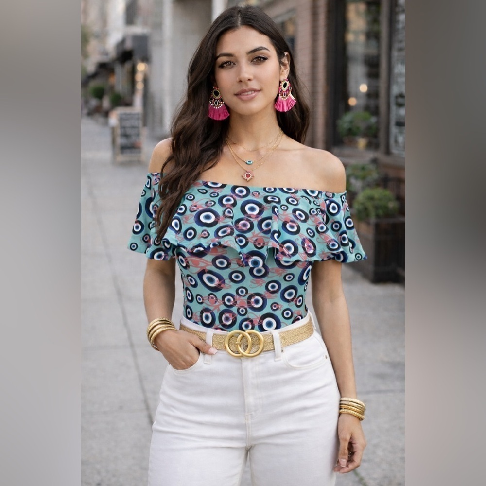 Carol Catugy Brazil Womens M Bodysuit Blue Evil Eye of Horus Print Off Shoulder